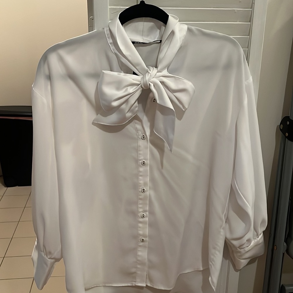 White Satin Bow Collar Button Down